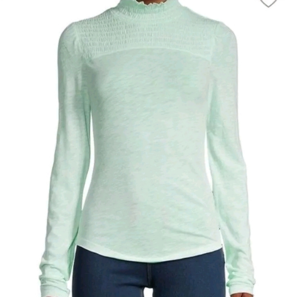 Free People Caroline Smocked Neck Top Size L Iced Aqua